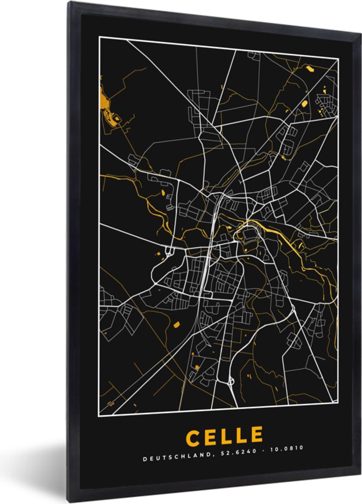 MuchoWow Gerahmtes Poster Deutschland - Schwarz und Gold - Celle - Stadtplan - Karte 60x90 cm - Poster mit Schwarzem Bilderrahmen Wandposter Rahm...