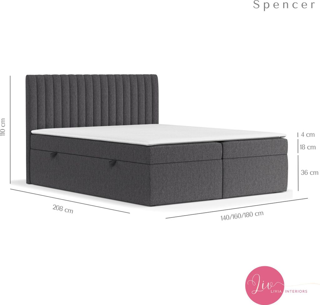Boxspringbett Livia Interiors Spencer, Bett 180x200 cm, mit Bettkästen, Doppelbett, H3 Bonell - Matratze und Topper, Webstoff Inari, Dunkelgrau Farbe