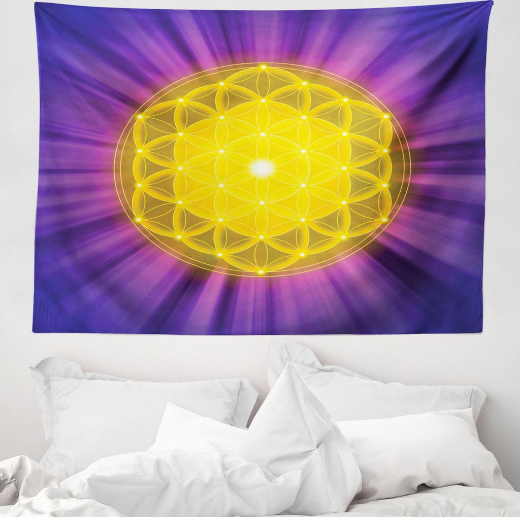 ABAKUHAUS lila Mandala Wandteppich, Blume des Lebens aus Weiches Mikrofaser Stoff Waschbar ohne Verblassen Digitaldruck, 150 x 110 cm, Mehrfarbig