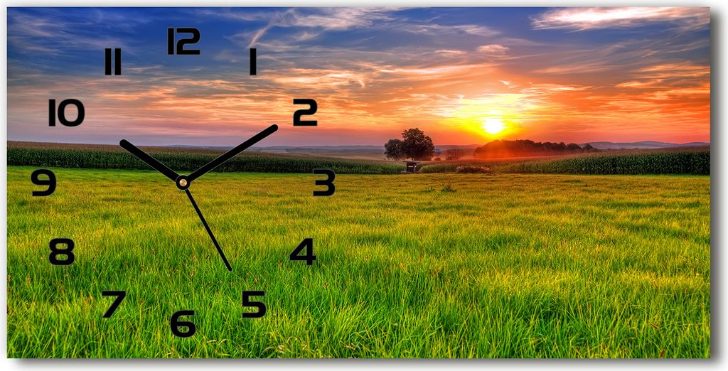 Wanduhr aus Glas – 60x30 cm - Glasbild - Glasuhr - Gehärtetes Glas - schwarze-zeiger - Sunset Wiese