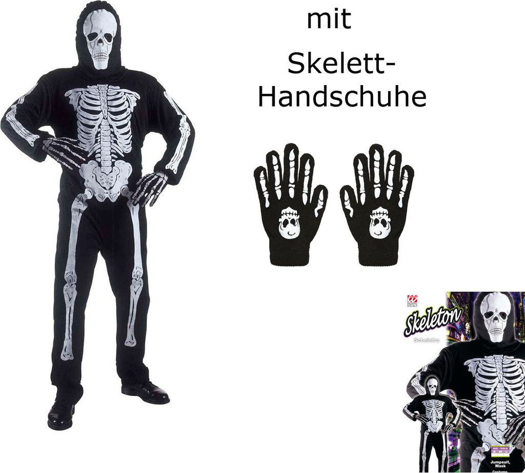 Kinderkostüm Skelett, Anzug und Maske + Knochenhandschuhe - Halloween M - 140 cm