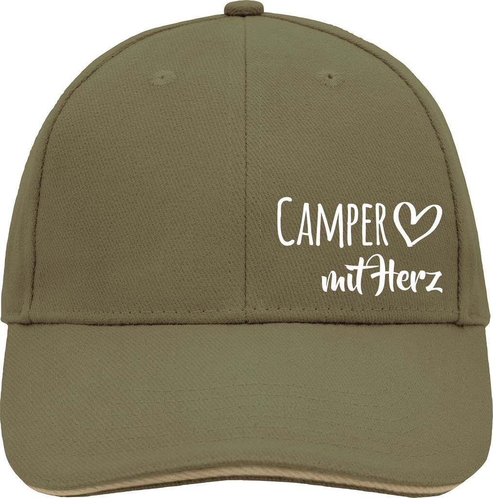 Huuraa Cappy Mütze Camper mit Herz Olive/Beige Baumwolle 6-Panel Kappe Geschenkidee