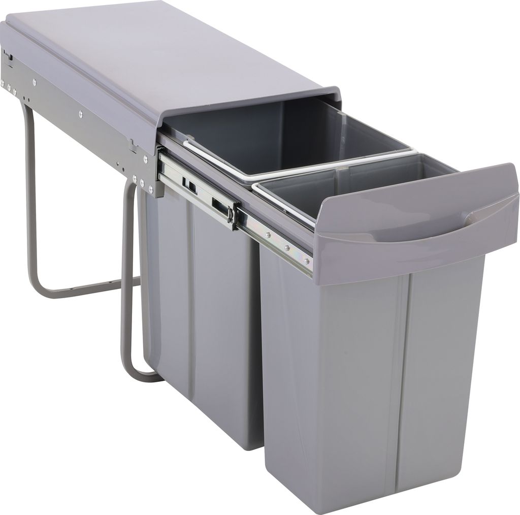 A pull-out trash bin system with two compartments.
