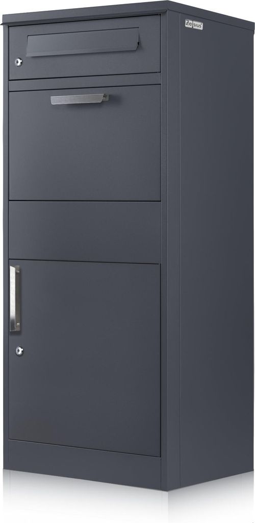 A dark gray parcel mailbox with a lockable lower compartment and a mail slot at the top.