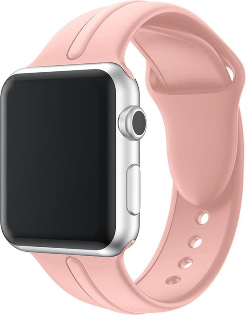 A close-up studio shot of a pink silicone watch band attached to a silver smartwatch.