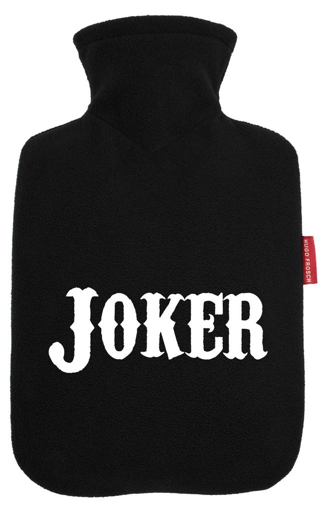 Huuraa Wärmflasche Joker Schriftzug 1,8 Liter Black Classic Veloursbezug Bettflasche Geschenkidee