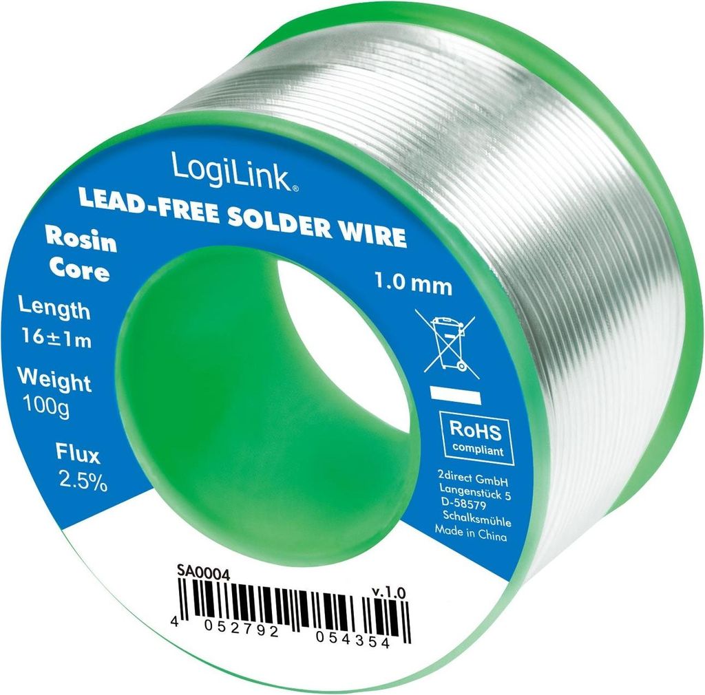 Lötzinn Sn99,3Cu0,7 mit 2,5% Flussmittelkern 1 mm 100 g 16 m, Schmelzpunkt 190°C