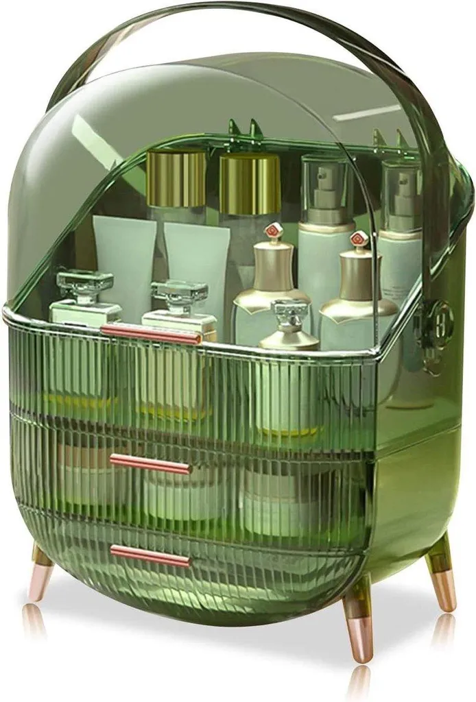 Mallette cosmétiques et soins vert rétro pour coiffeuse ordonnée