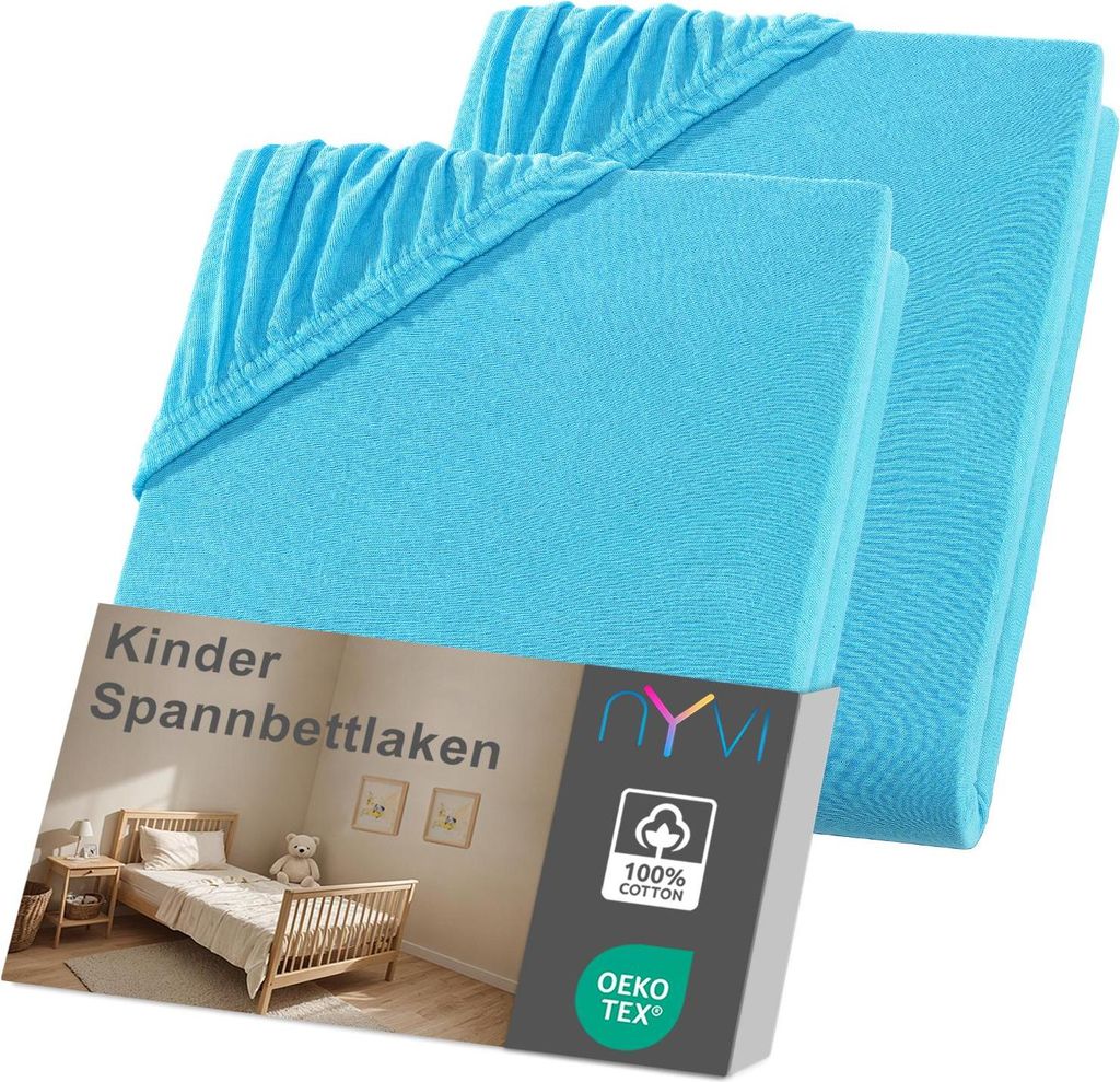 NYVI Kinder Spannbettlaken Junior 70x140 cm türkis 2er Set für Kinderbettmatratzen bis 12cm Höhe - Weich & Anschmiegsam, Rundumgummizug, Bügelfrei