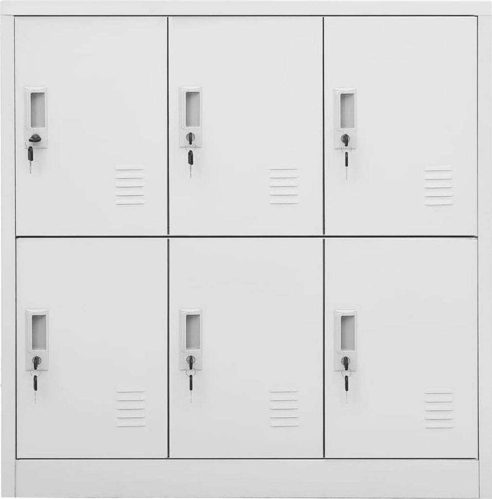 A white metal locker with six compartments, each with a lock and ventilation slots.