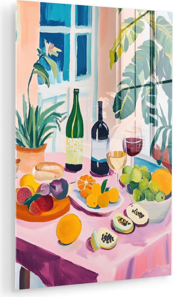 MuchoWow Glasbilder - Bilder auf Wandbild - Foto auf Glas Tisch - Wein - Obst 80x120 cm Wanddekoration aus Glas - Acrylglasbild - Acrylbilder - Die...