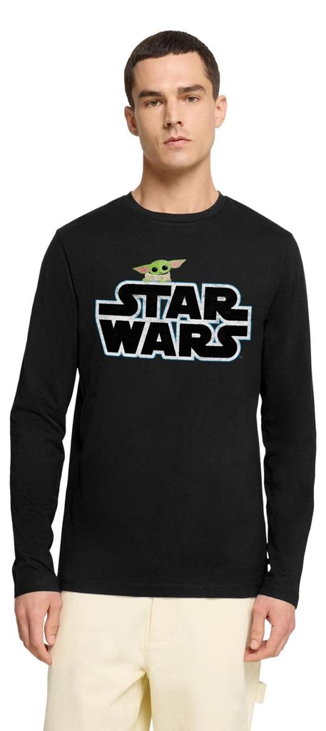 Star Wars: Mandalorian Schriftzug Mit Grogu Premium Langarmshirt Herren, L, Schwarz