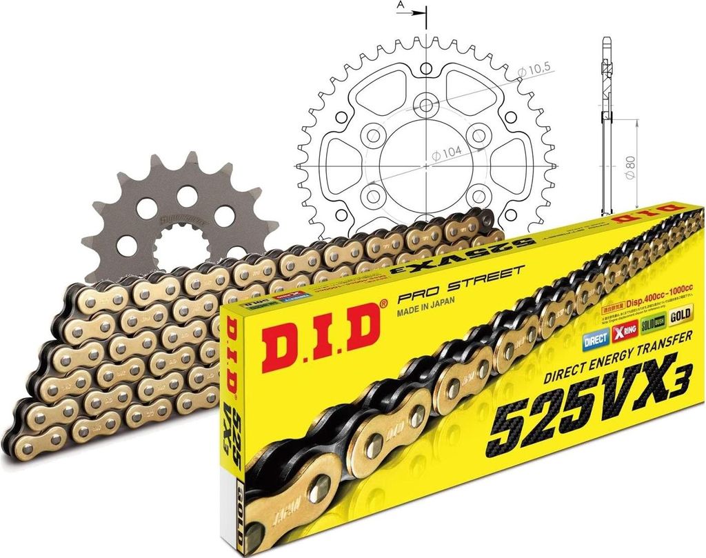 Kit Stealth (gold) passend für Kawasaki ZX-7 RR 750 96-02 16-42-108 DID525VX3(G&B) Endlos