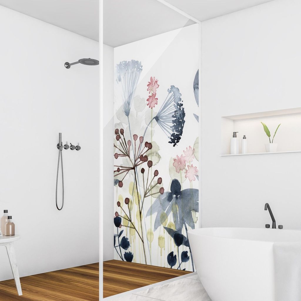 Duschrückwand Blumen selbstklebend - 0.35 mm Wandpaneel wasserfest Design weiss Aquarell Landhaus Badrückwand fugenlos Smart matt 100x200 cm