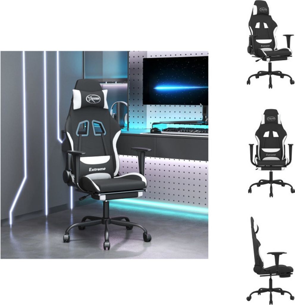 vidaXL Gaming-Stuhl mit Fußstütze Schwarz und Weiß Stoff - Gaming-Sessel