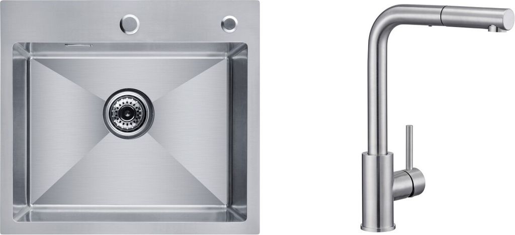 A stainless steel kitchen sink and a matching faucet are shown side-by-side against a white background.
