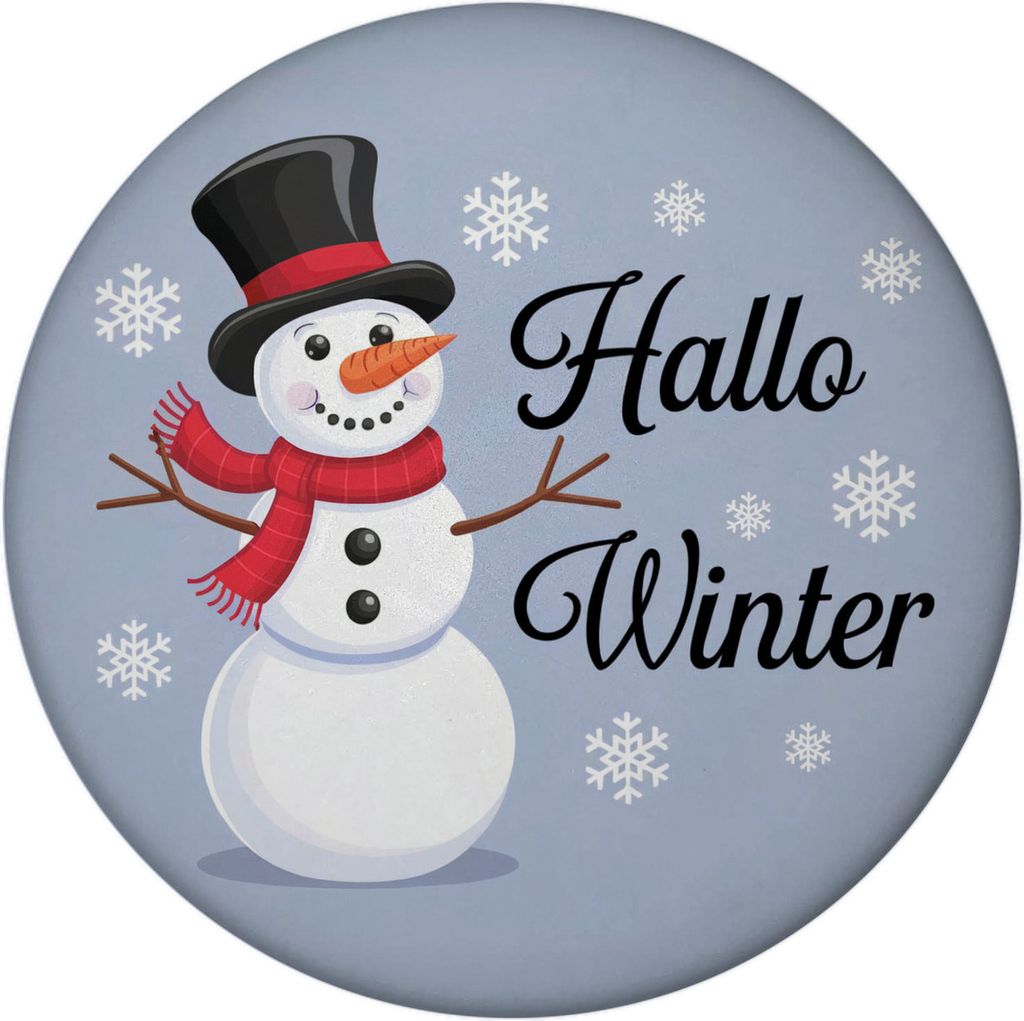 Fröhlicher Schneemann - Hallo Winter Magnet rund