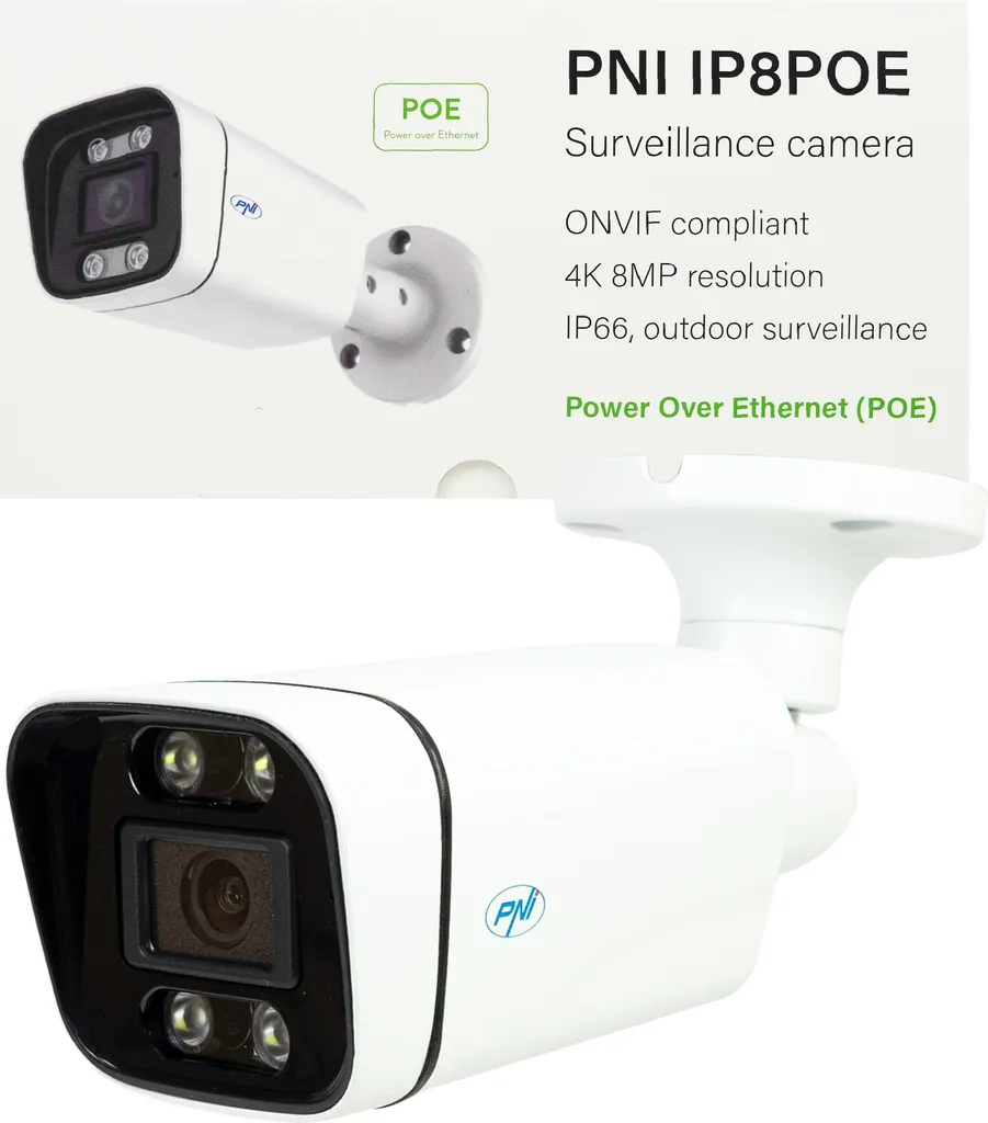 PNI IP8POE 8MP, 4K, D-WDR, 4,0 mm, 6 LED, IP66, microfono e altoparlante integrati, bianco