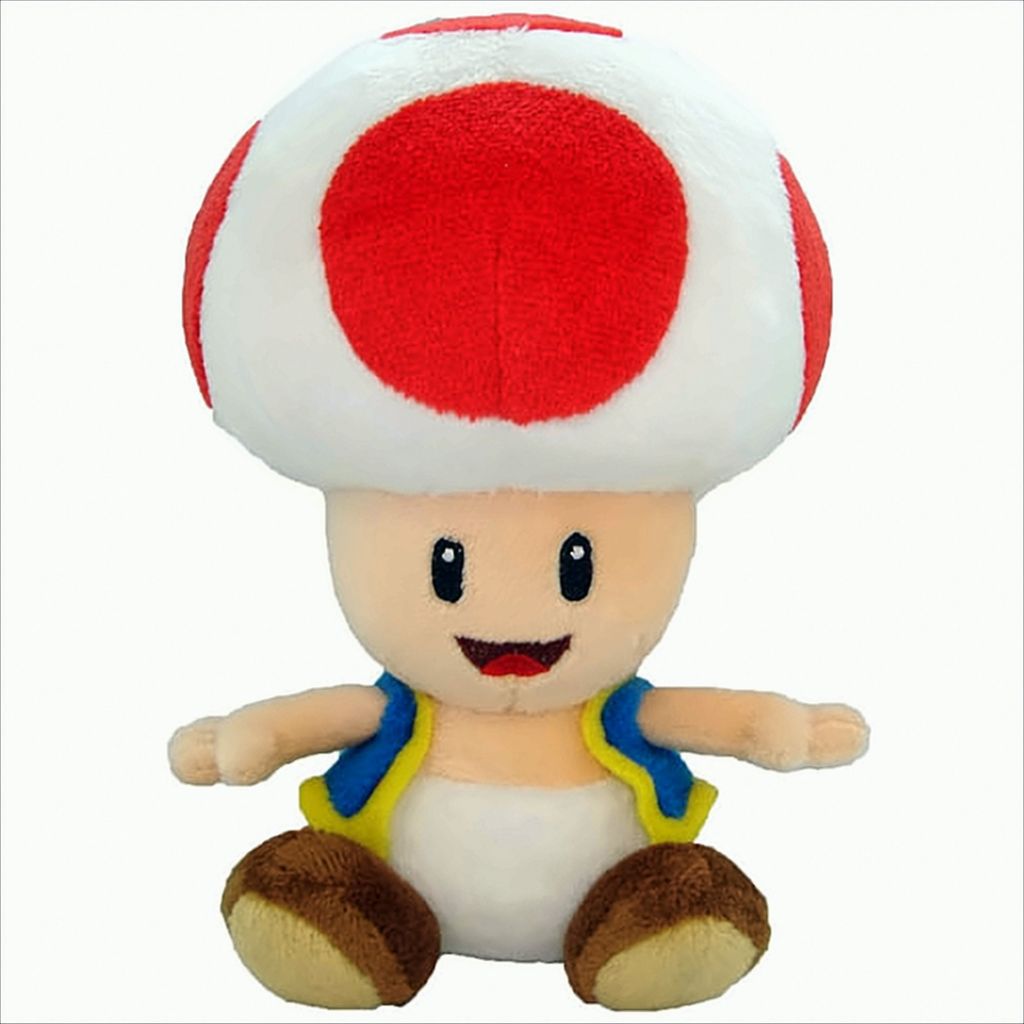 A plush toy of the character Toad from Nintendo's Super Mario franchise, sitting against a white background.