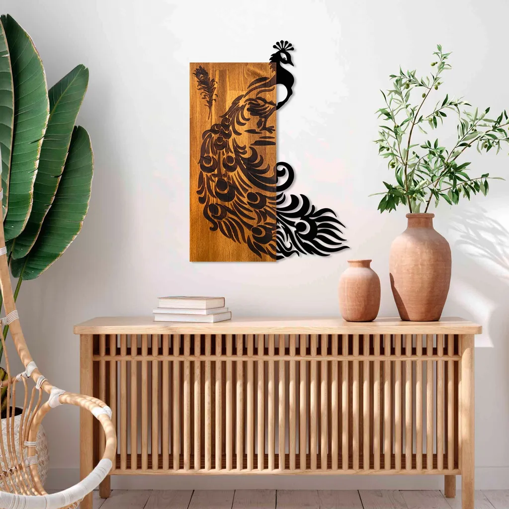 Wallity, Pavone, accessorio decorativo da parete in legno, noce, 100 % LEGNO / METALLO, 47 x 3 x 65 cm - 3