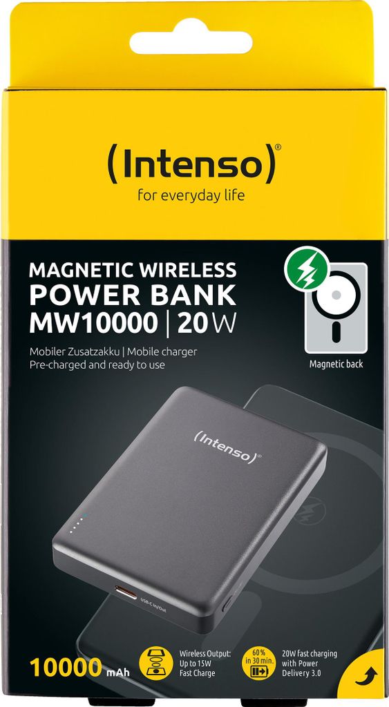 The image shows the retail packaging of a magnetic wireless power bank.