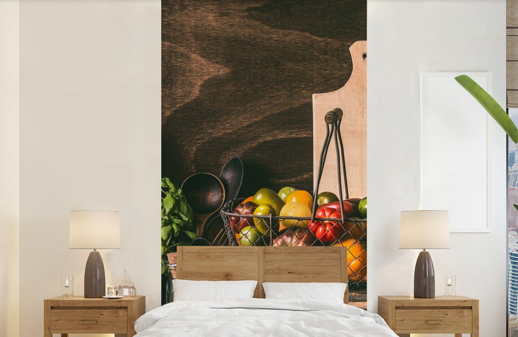 MuchoWow Fototapete für Wohnzimmer oder Schlafzimmer Wandtapete Vinyl Motivtapete Gemüse - Kräuter - Rustikal - Stilleben - Basilikum - 120x24...