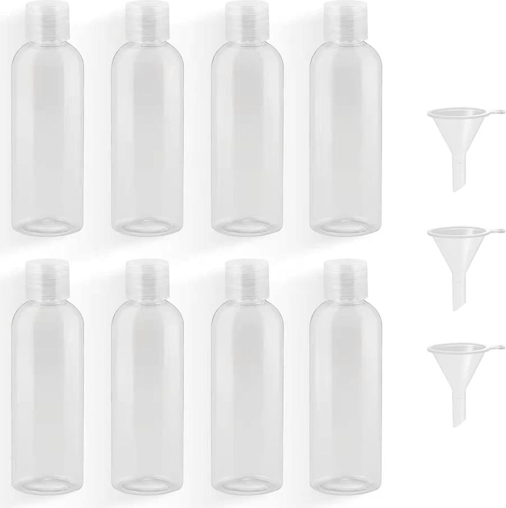Reisflaschen Set von 8 Stück 100 ml Kunststoffflaschen - mit Trichtern - transparent - leere Kosmetik-Reisbehälter - Mini-Luftflaschen PET - Dusc...