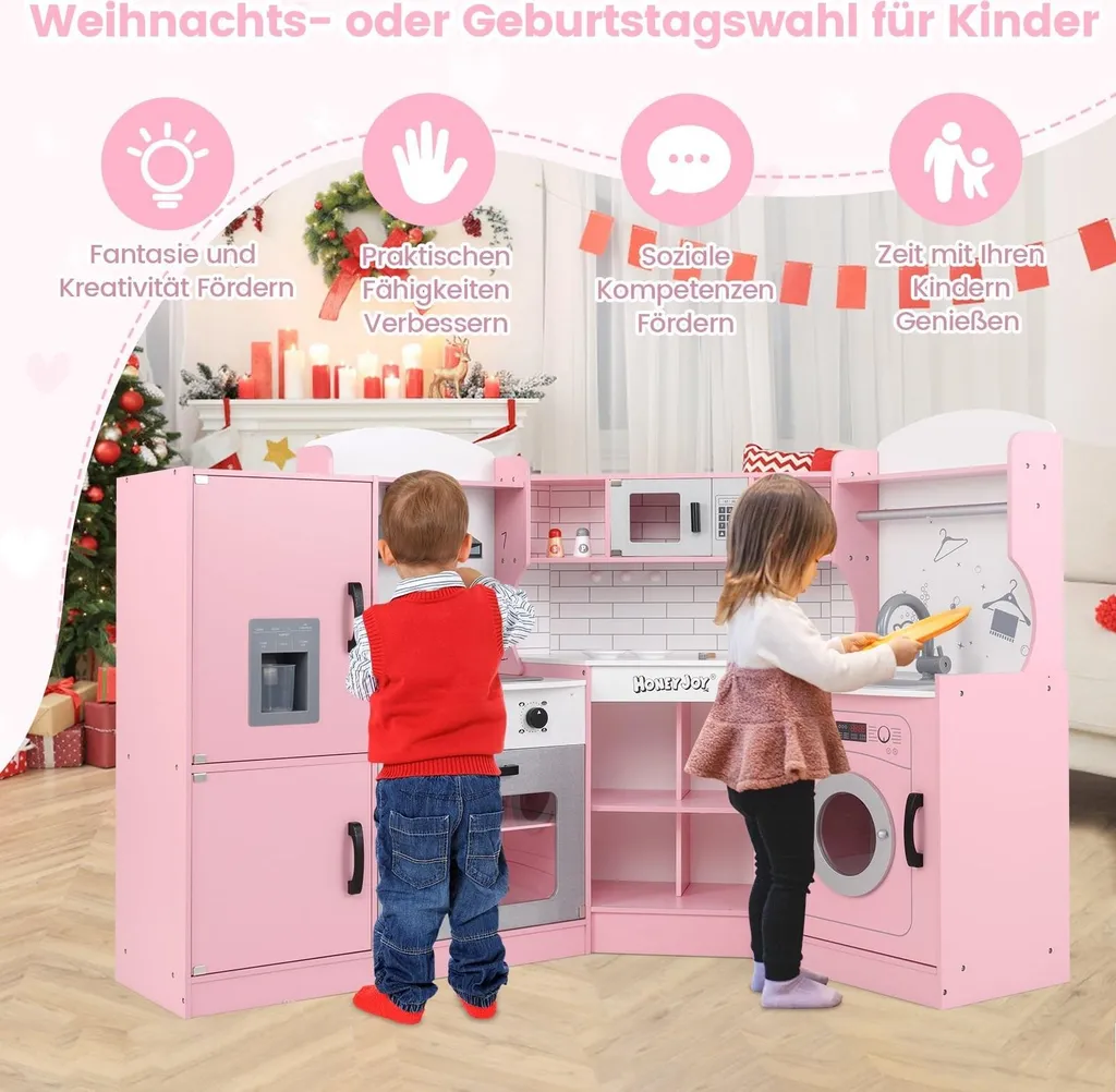 Cuisine jouet en bois rose d'angle équipée d'une machine à glaçons interactive