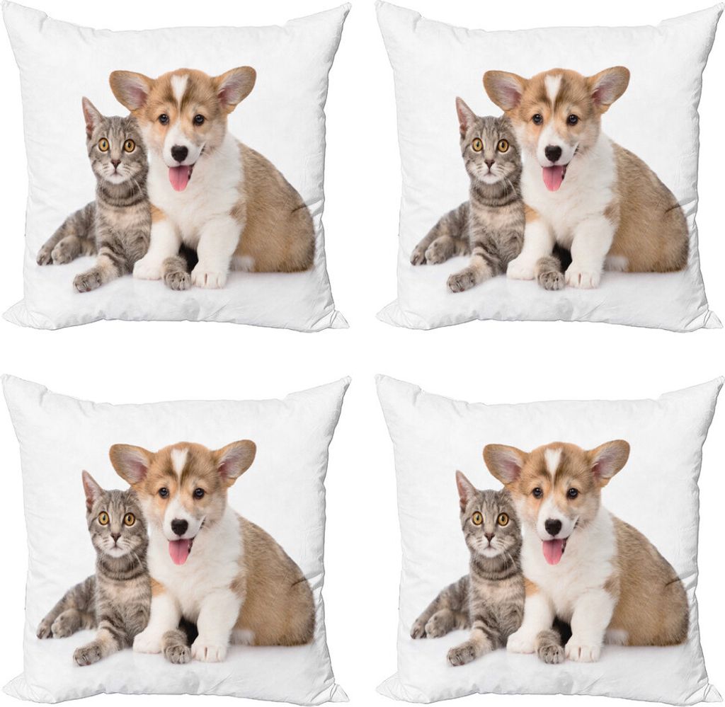 ABAKUHAUS Corgi Kissenbezug Set (4 Stück), Hundewelpen-Kätzchen-Freunde, Moderner Doppelseitiger Digitaldruck, 60 cm x 60 cm, Warm Taupe Sand Braun