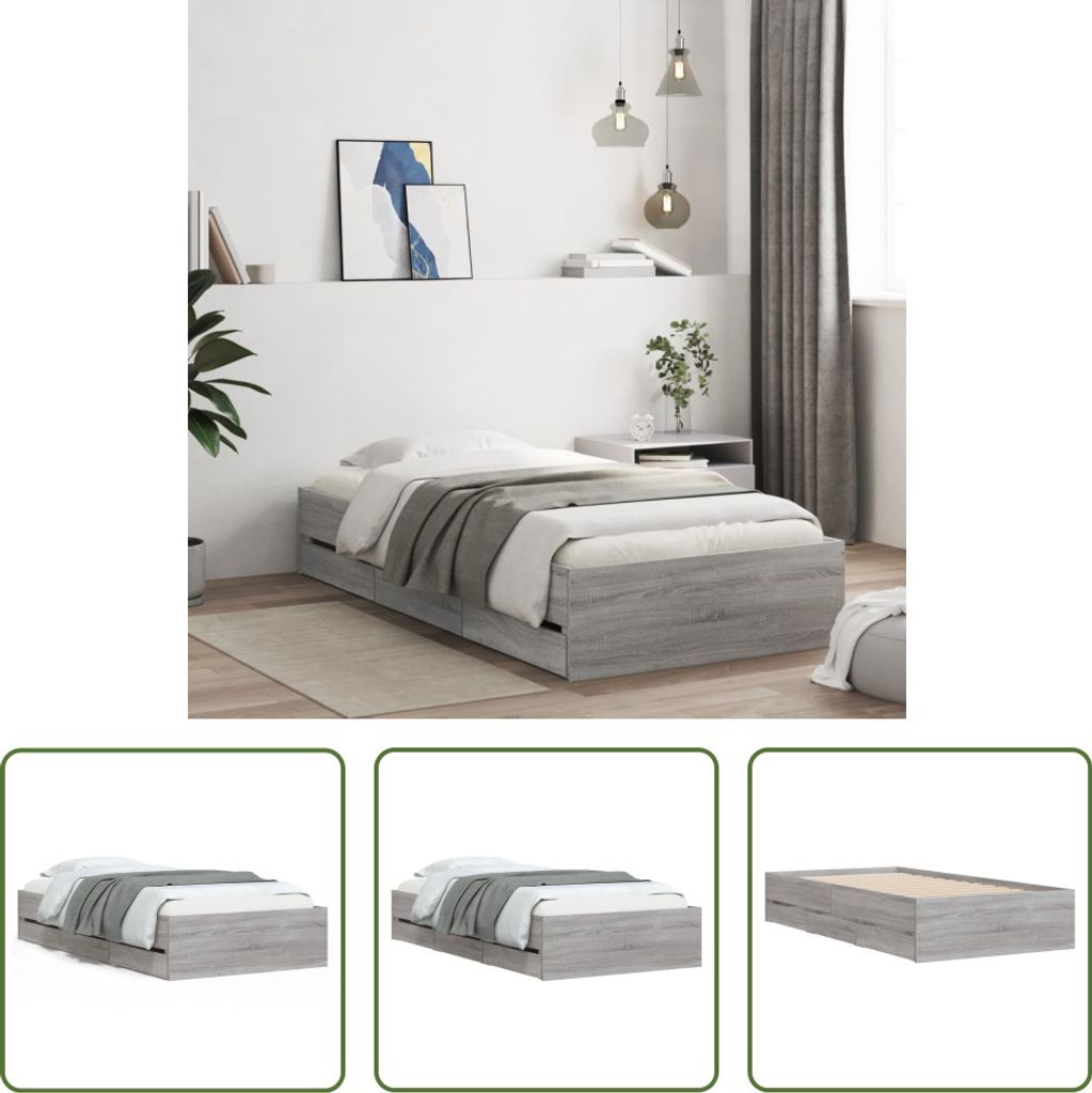 The Living Store Bettgestell mit Schubladen Grau Sonoma 90x190 cm Holzwerkstoff