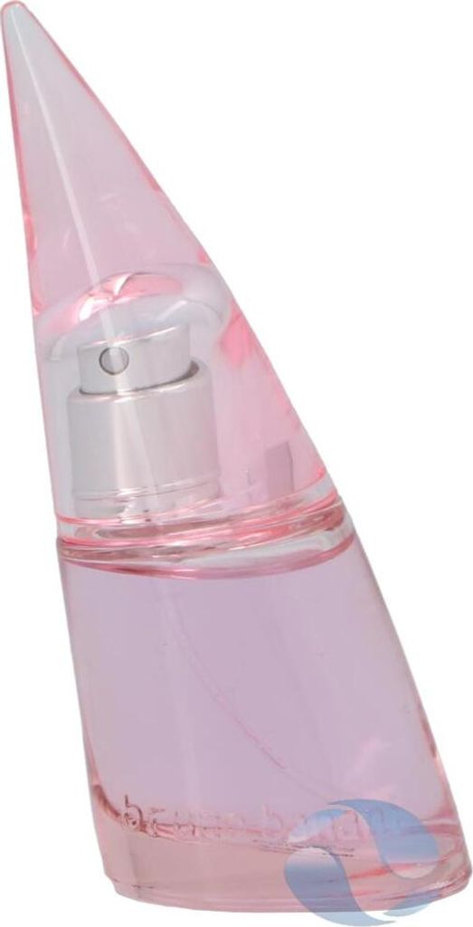 A pink perfume bottle with a silver spray nozzle.