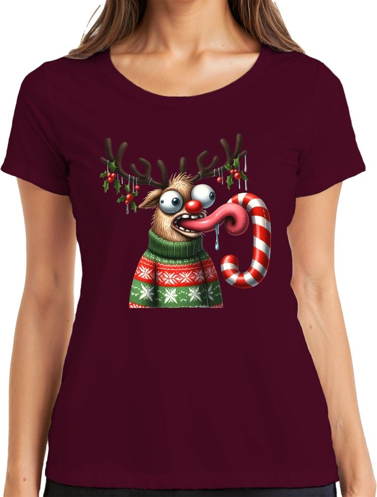 Weihnachten Verrücktes Rentier Zuckerstange lustig Cartoon Damen T-Shirt, Burgundy, S