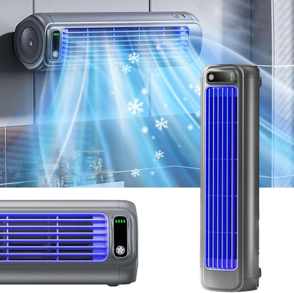 Collage of a portable air cooler/fan in different views, with graphics indicating cool air and snowflakes.