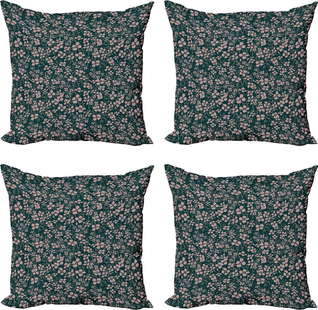 ABAKUHAUS Blumen Kissenbezug Set (4 Stück), Bicolor Spring Meadow Flora, Moderner Doppelseitiger Digitaldruck, 50 cm x 50 cm, Jägergrün, Grau, Rosa