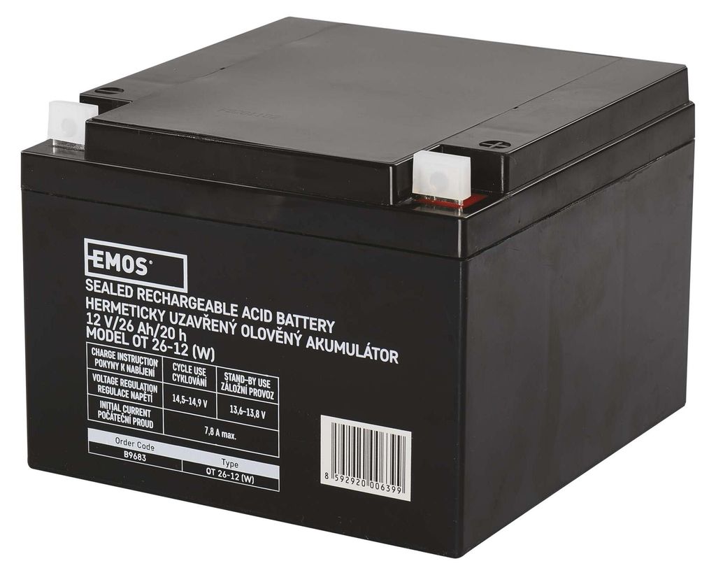 EMOS Wartungsfreier Bleiakku 12V, 26Ah, L2 Bleiakkumulator für Gefahrmeldeanlagen, Brandmeldetechnik, USV-Geräte, B9683