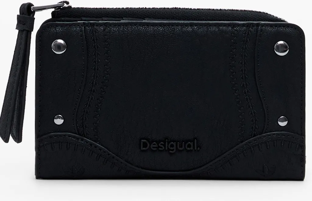 Porte-monnaie femme noir broderie contrastée chic en simili cuir souple