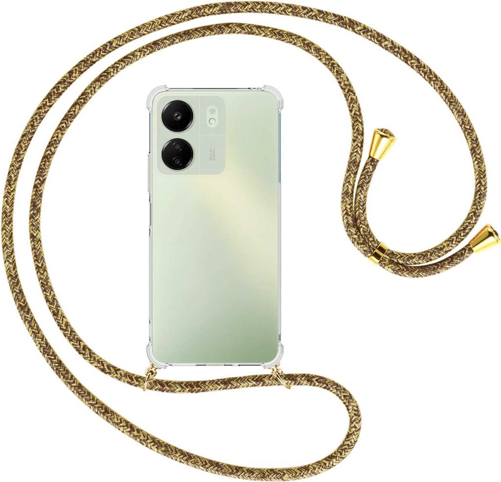 Handykette Backcover-Schutzhülle mit Band (Metall goldfarben) für Xiaomi Redmi 13C (6.71'') - braun+beige