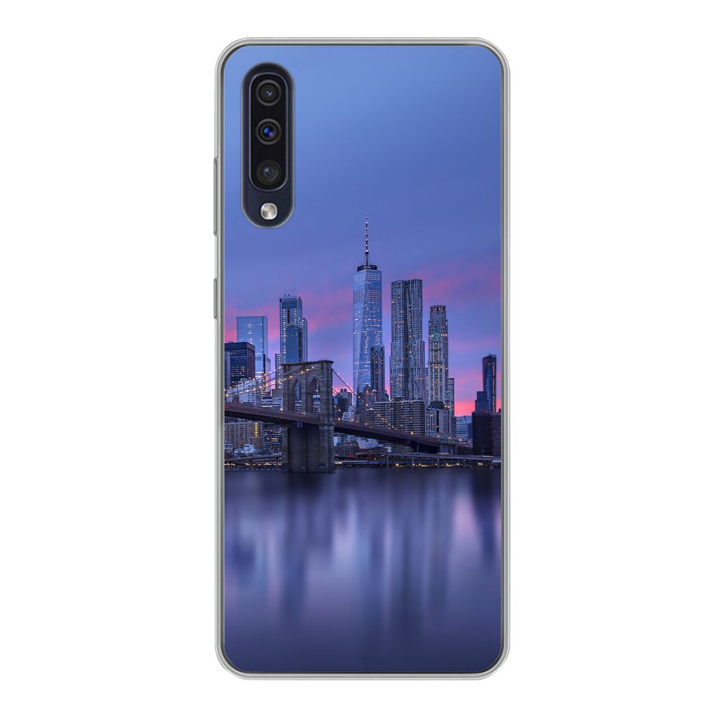 MuchoWow Handyhülle Schutzhülle Hülle für Samsung Galaxy A30s New York - Wasser - Brücke Silikon Softcase Handy Hülle - Karteninhaber