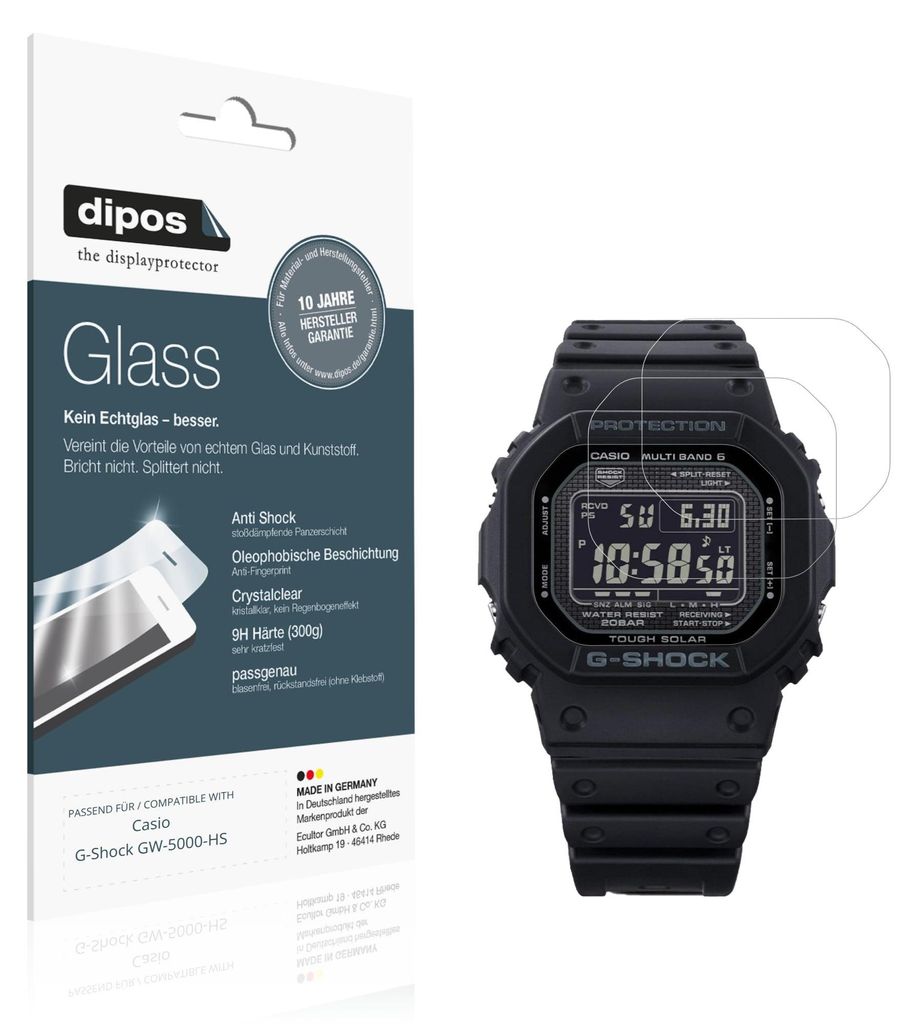 2x Schutzfolie für Casio G-Shock GW-5000-HS - Anti-Shock 9H Folie dipos Glass Kunststoffglas