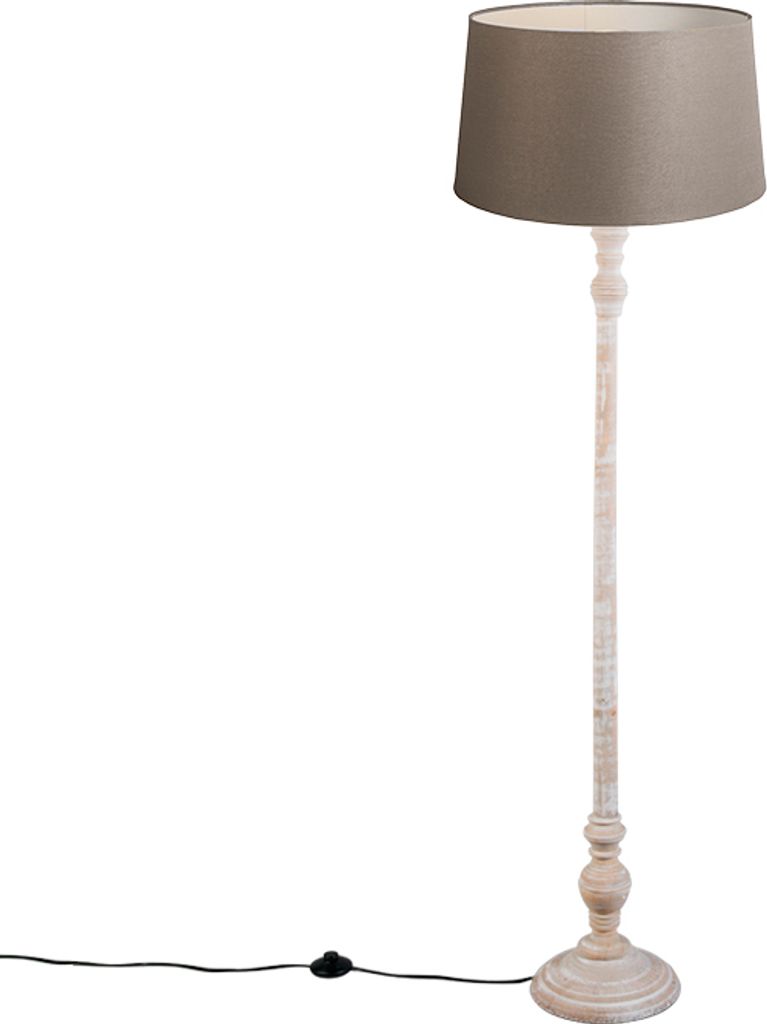 QAZQA - Klassisch I Antik Land Stehlampe taupe mit Leinenschirm 45 cm - Classico I Schlafzimmer - Holz Zylinder I Länglich - LED geeignet E27