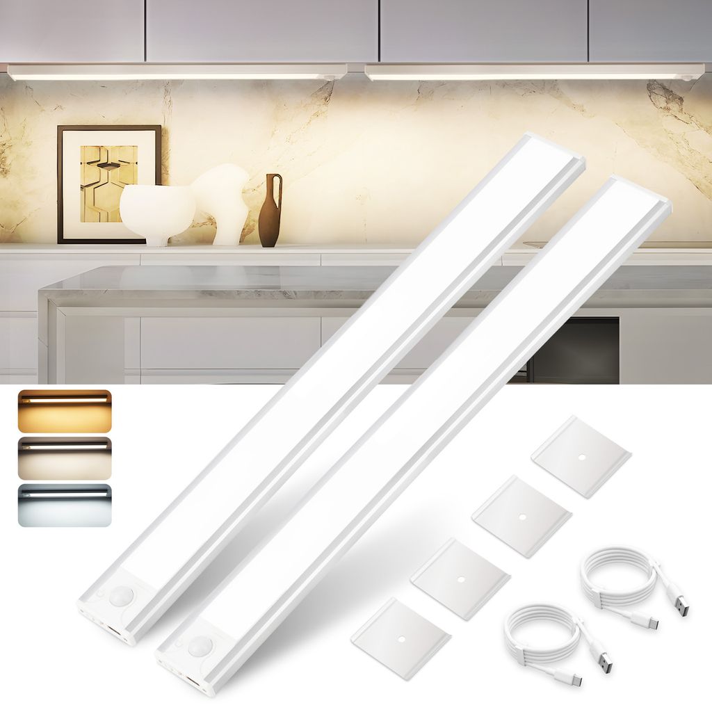 ZMH Unterbauleuchte Küche Led Dimmbar 3 Farbtemperatur Schrankbeleuchtung mit Bewegungsmelder 40CM 2er Silber Schrankleuchte USB Wiederaufladbar