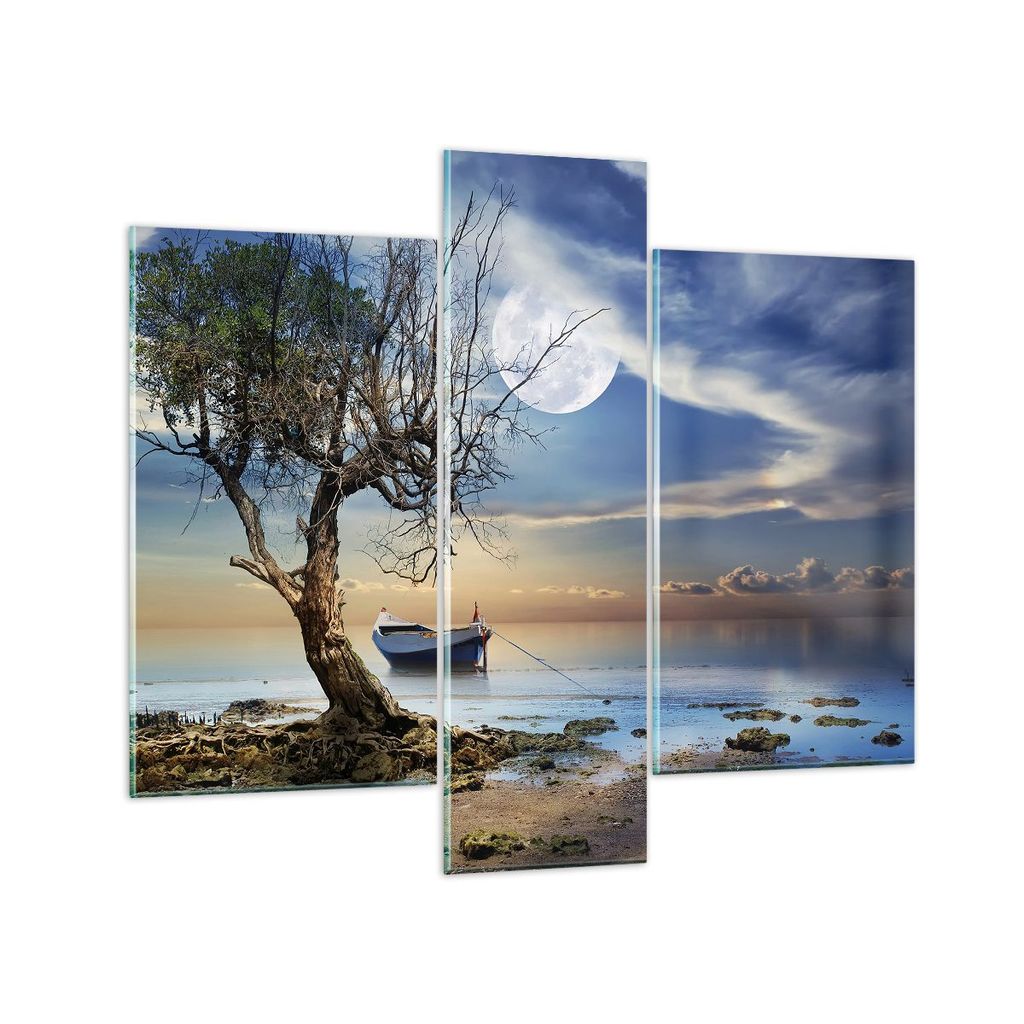 Bilder auf glas - Nacht Mond Boot - 95x80cm - Glasbilder - Wandbilder - Bilder - Kunstdruck - zum Aufhängen bereit - Wanddekoration aus Glas - Gla...