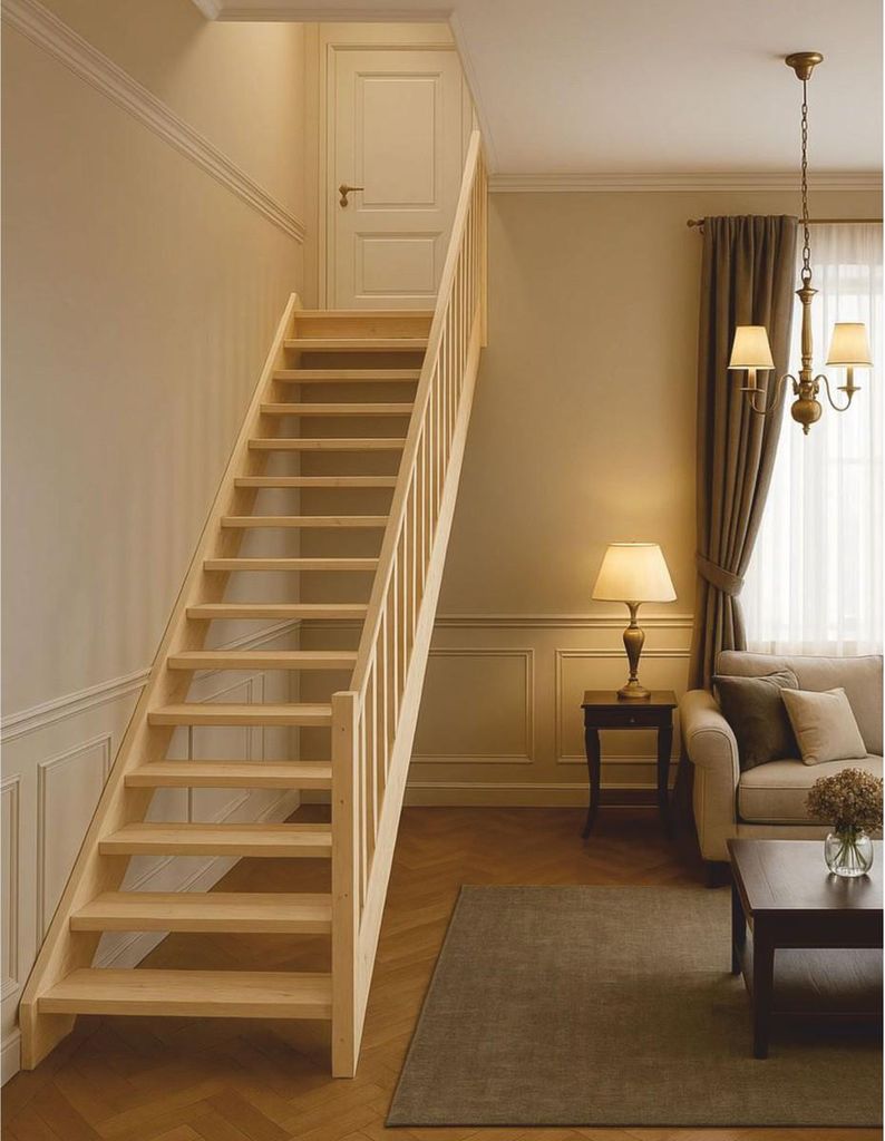 Casa Padrino Luxus Holztreppe mit Geländer rechte Seite Naturfarben H. 307 cm