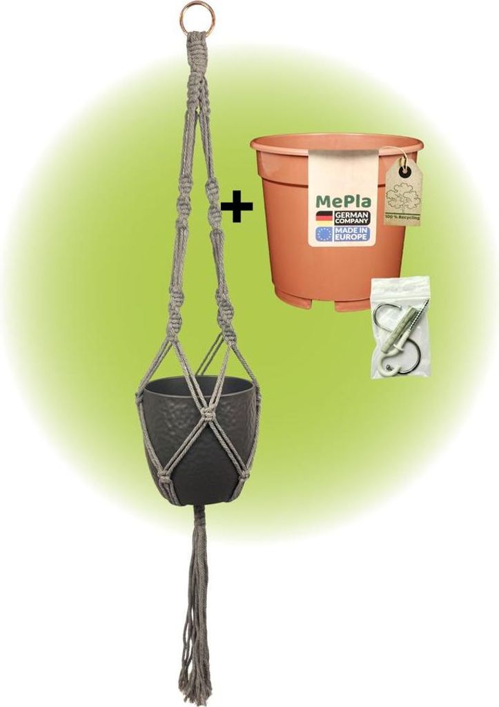 MePla - Set - Ampel Makramee Grau - Boston ø16 Anthrazit + Kulturtopf ø15 + Beipack-Set 21550-001