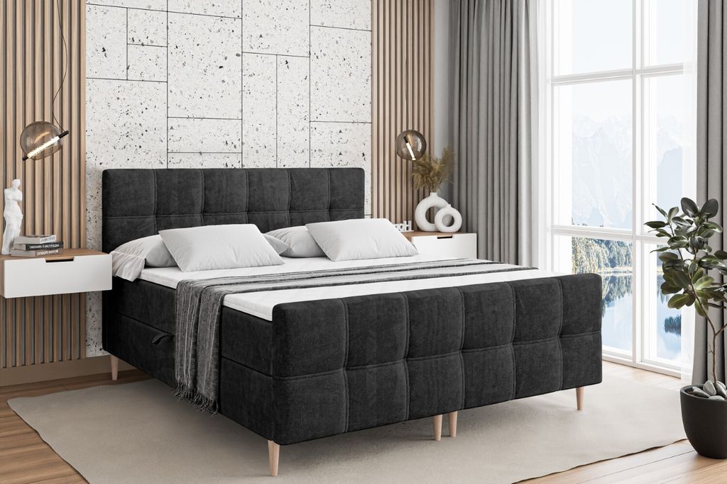 ALTDECOR Boxspringbett mit Holz Füßen, Matratze und Lattenrost, Topper, Fußteil, Polsterbett mit Bettkasten, Bett mit Stauraum H3-Matratze, Dopp...