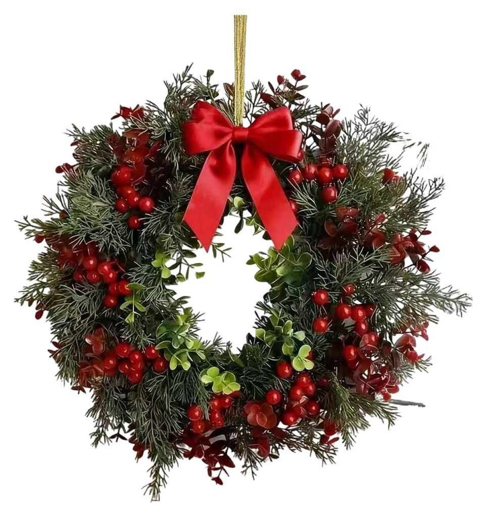 Weihnachtskränze für die Haustür, künstlicher Tannenkranz mit Schleife und roten Beeren für die Weihnachtsdekoration zu Hause, Wand, Kamin, dr...