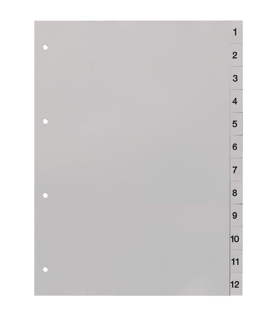europrotokoll Ordnerregister 1-12, neutral, ohne Deckblatt, 12-teilig, DIN A4, Register aus PP, strapazierfähige Trennblätter für Ordner, lichtgrau