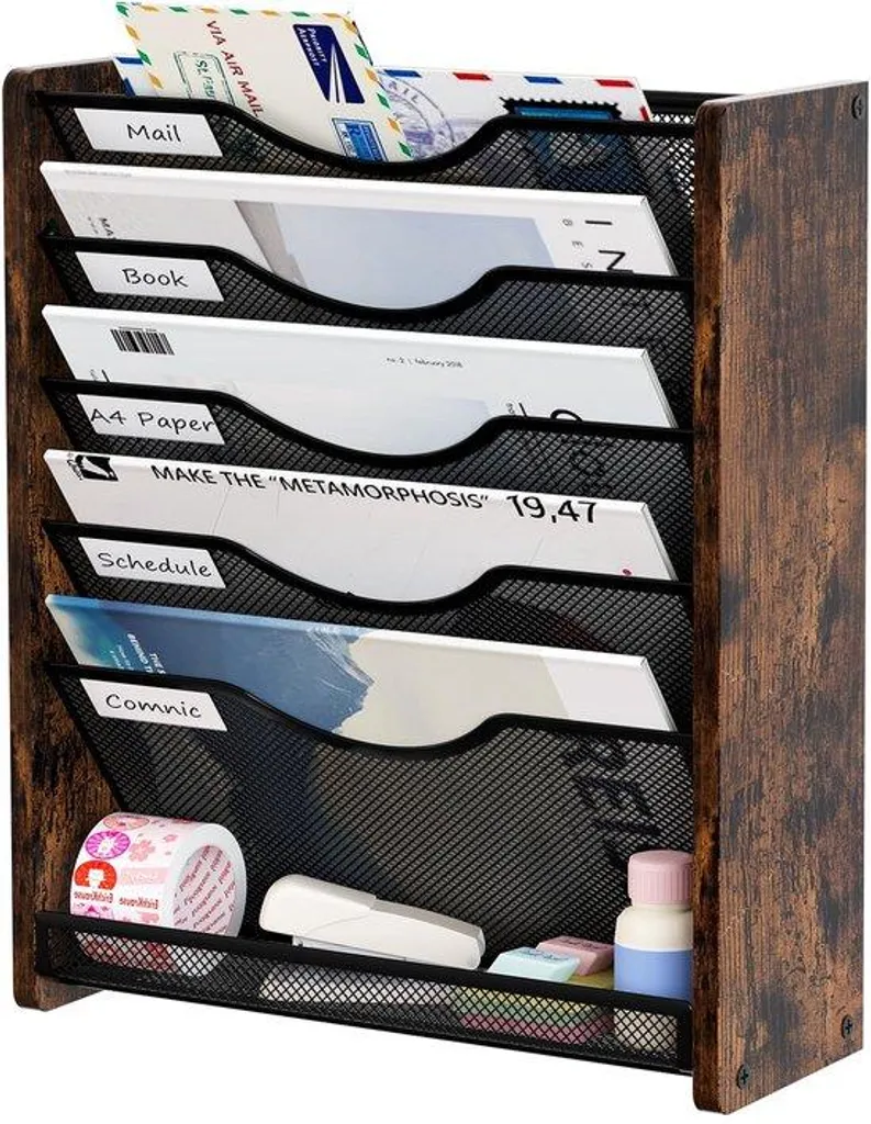 Organiseur de bureau mural marron en métal avec 5 casiers de tri