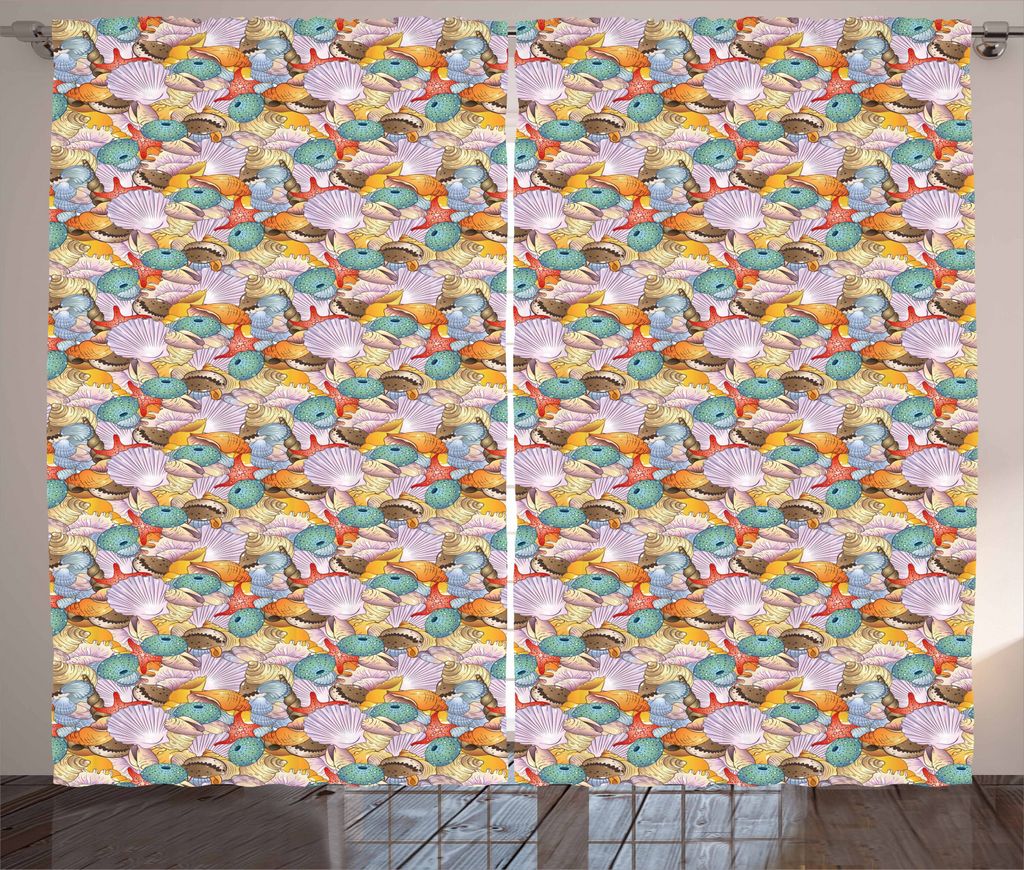 ABAKUHAUS Shells Rustikaler Vorhang, Ein Stapel von Muscheln, Wohnzimmer Universalband Gardinen mit Schlaufen und Haken, 280 x 225 cm, Mehrfarbig