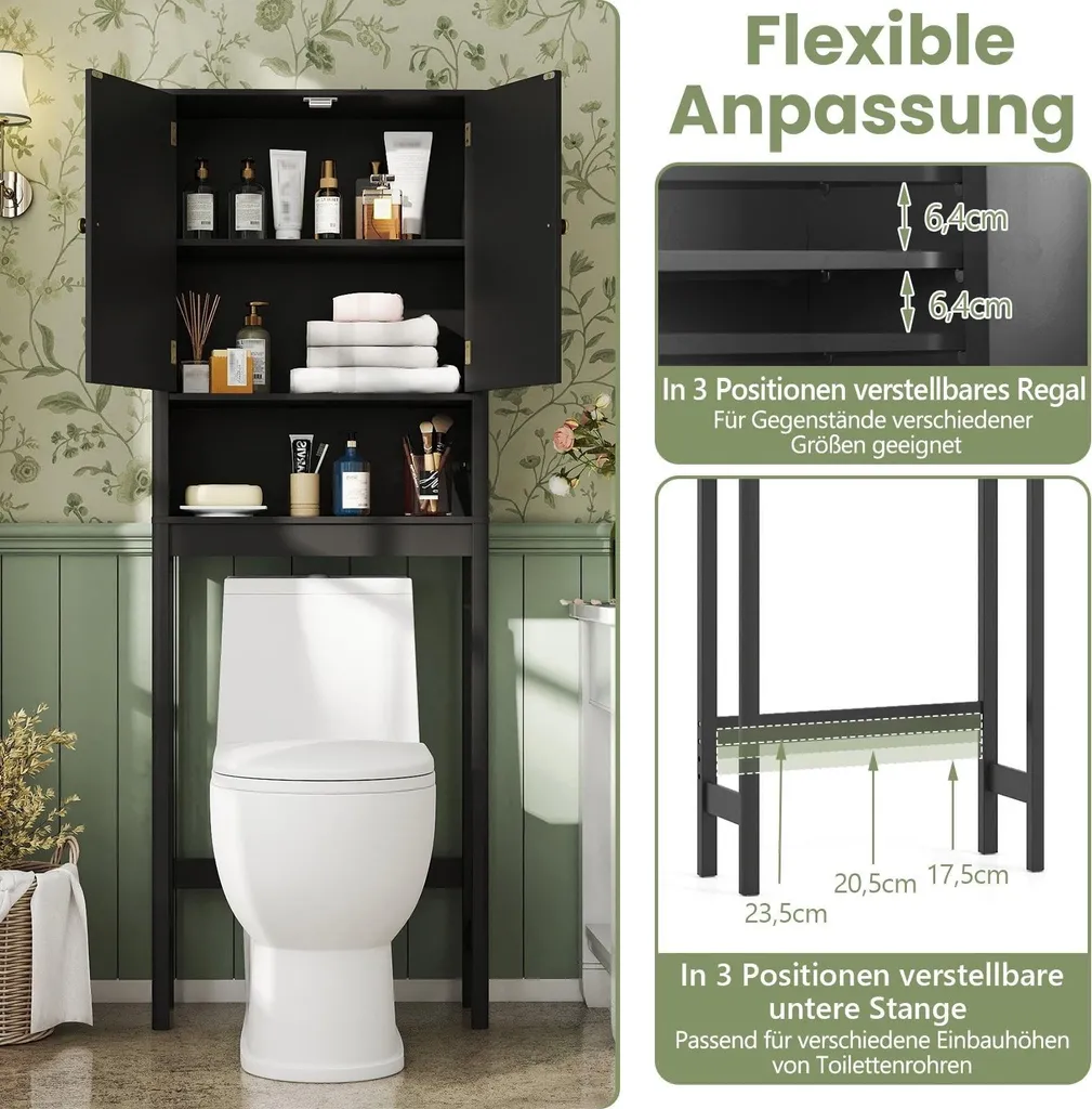 Meuble dessus WC noir étagère réglable en hauteur structure robuste